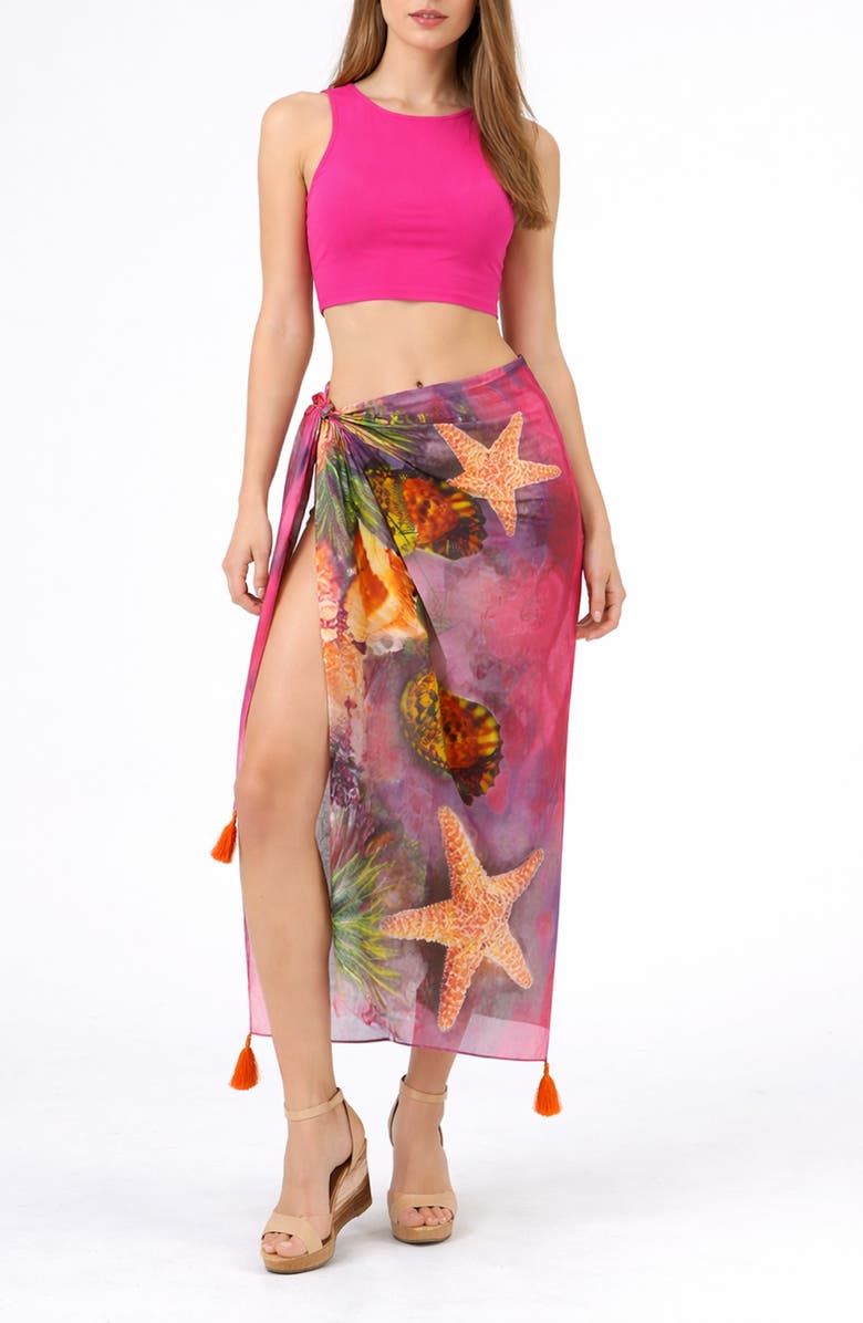 RANEES Sea Creature Print Long Sarong, Main, color, Pink