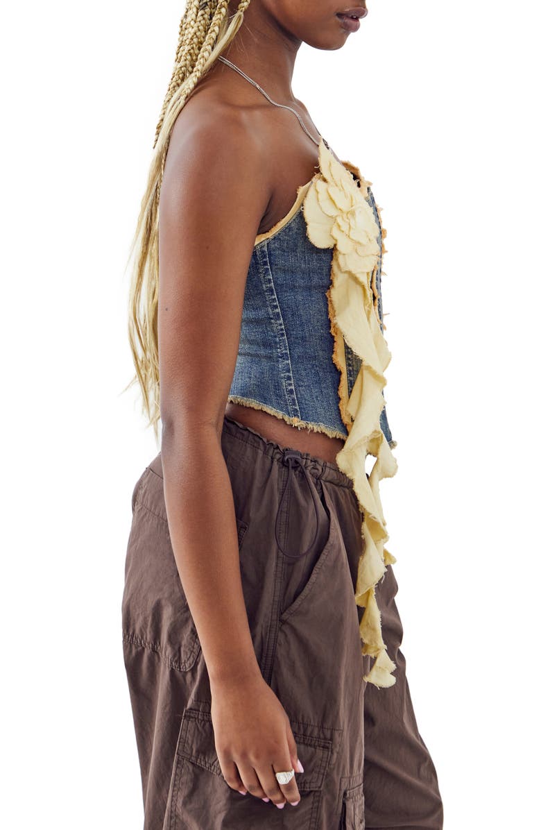 BDG Urban Outfitters Rosette Ruffle Strapless Denim Corset Top, Alternate, color, Dark Vintage