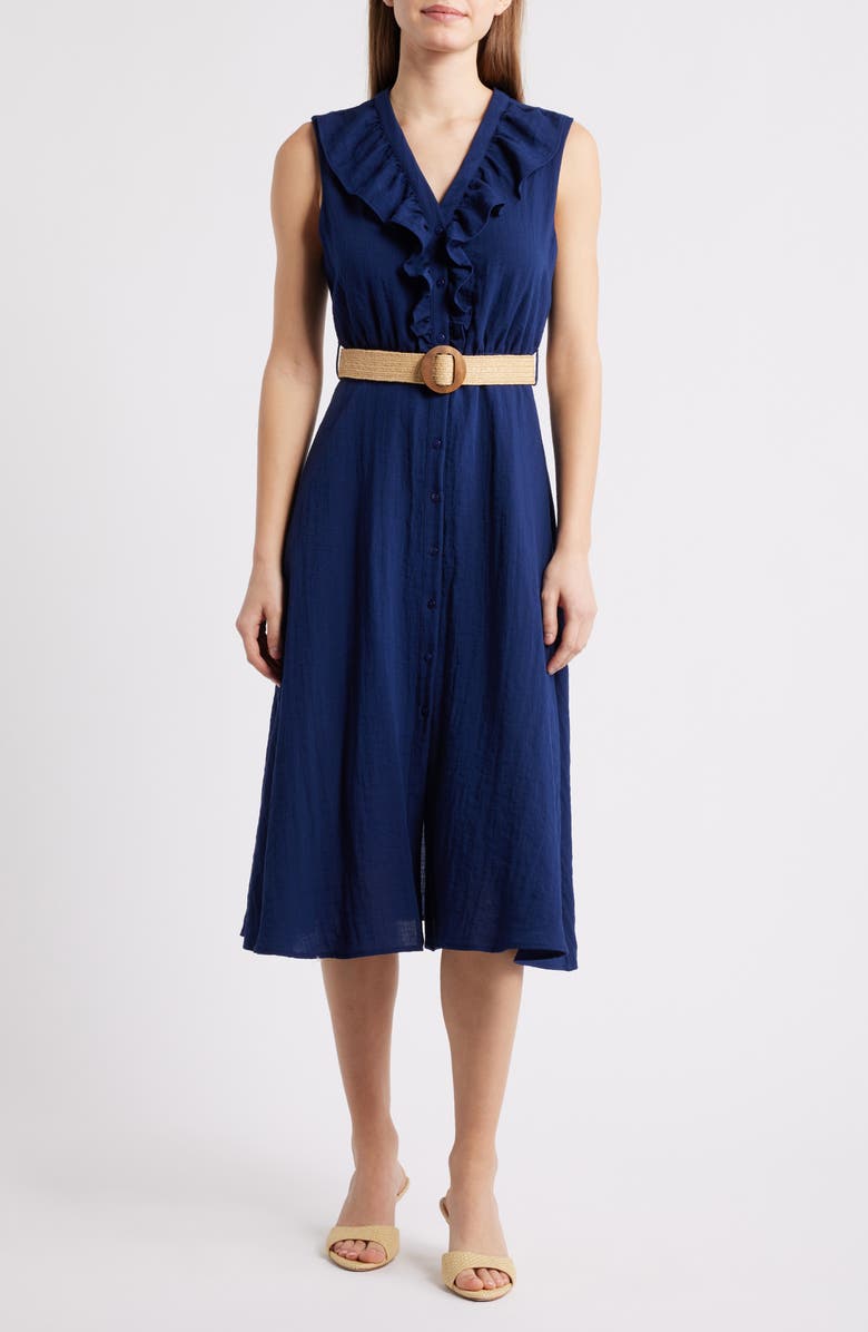 Sam Edelman Ruffle Trim Sleeveless Midi Dress, Main, color, Navy
