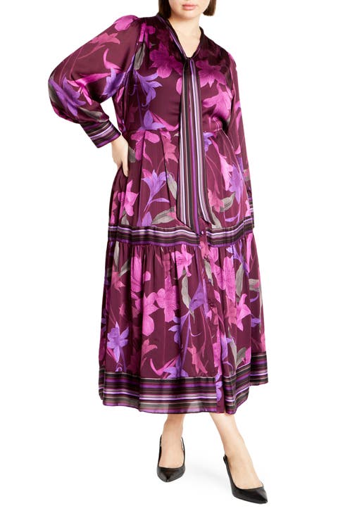 Amiyah Floral & Stripe Long Sleeve Maxi Dress (Plus)