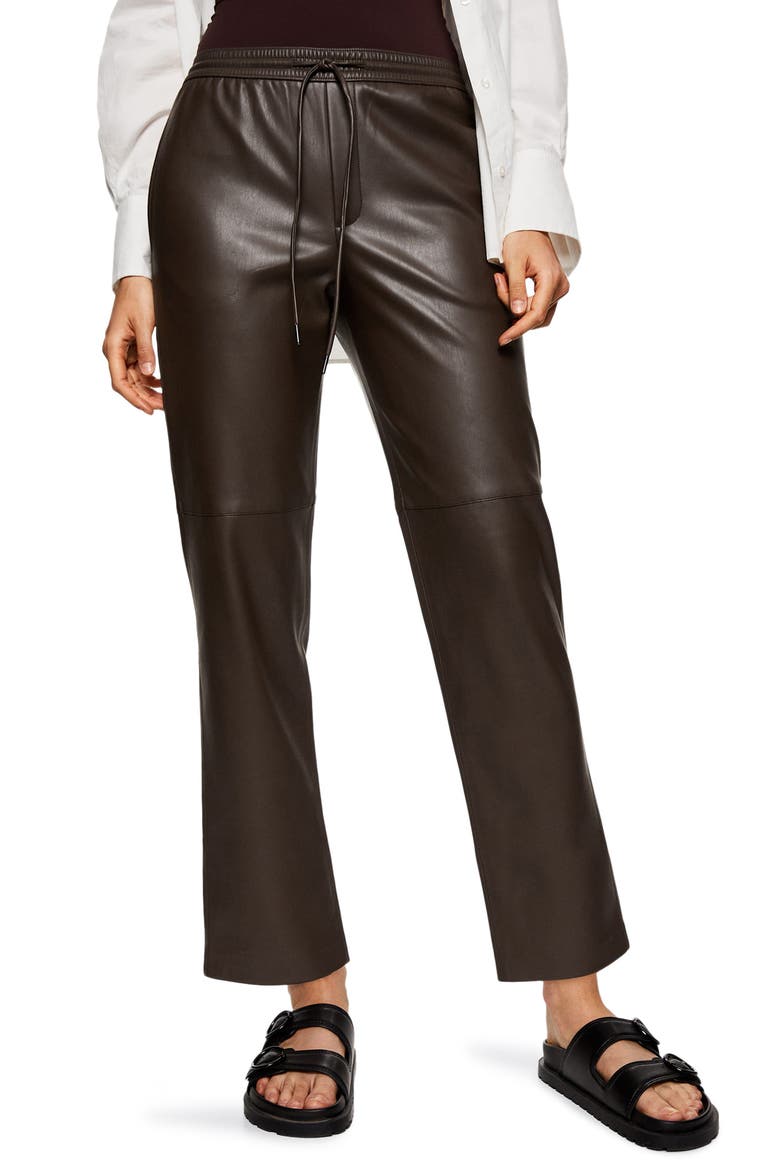 Faux Leather Straight Leg Pants, Main, color, MEDIUM BROWN
