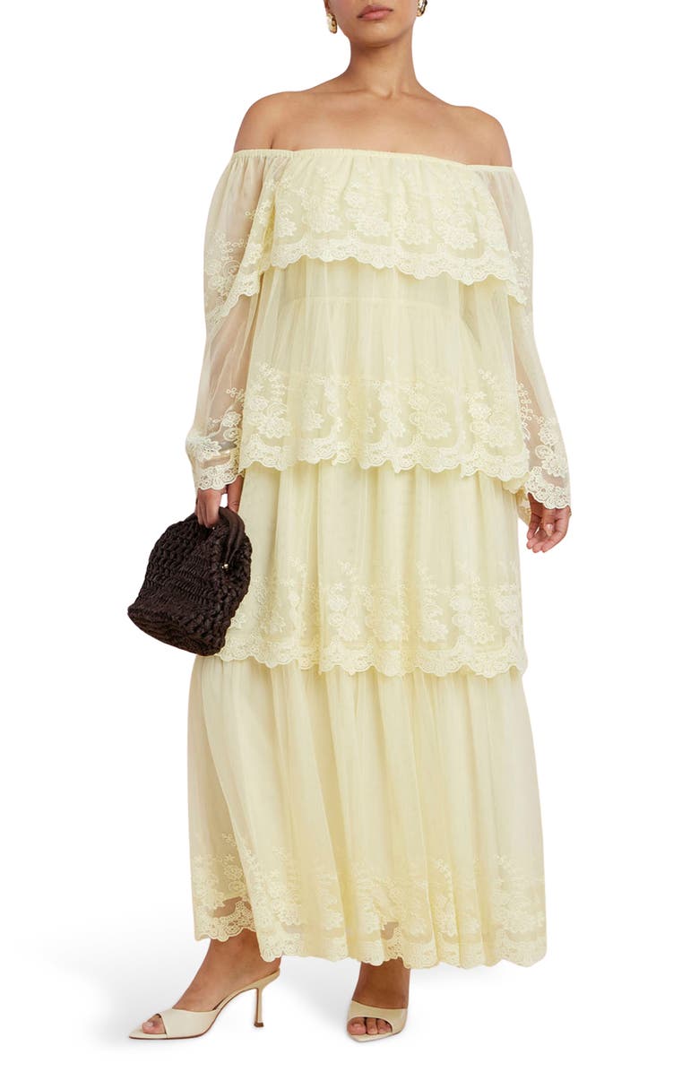 ELOQUII Off the Shoulder Long Sleeve Tiered Lace Maxi Dress, Main, color,