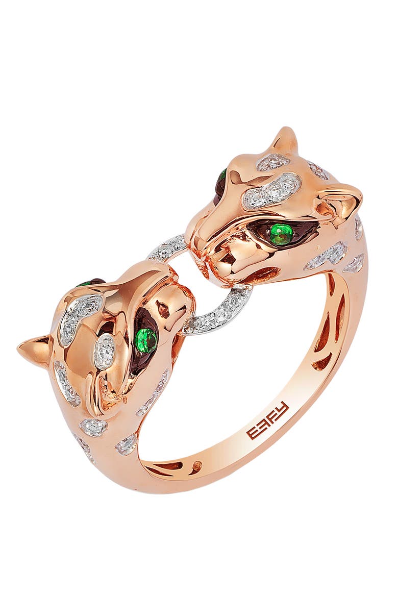 14K Rose Gold Diamond & Tsavorite Double Panther Head Ring, Alternate, color, 14K Gold