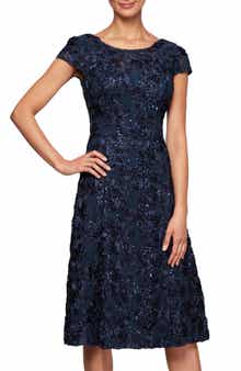 Alex Evenings Sequin Rosette Cocktail Dress