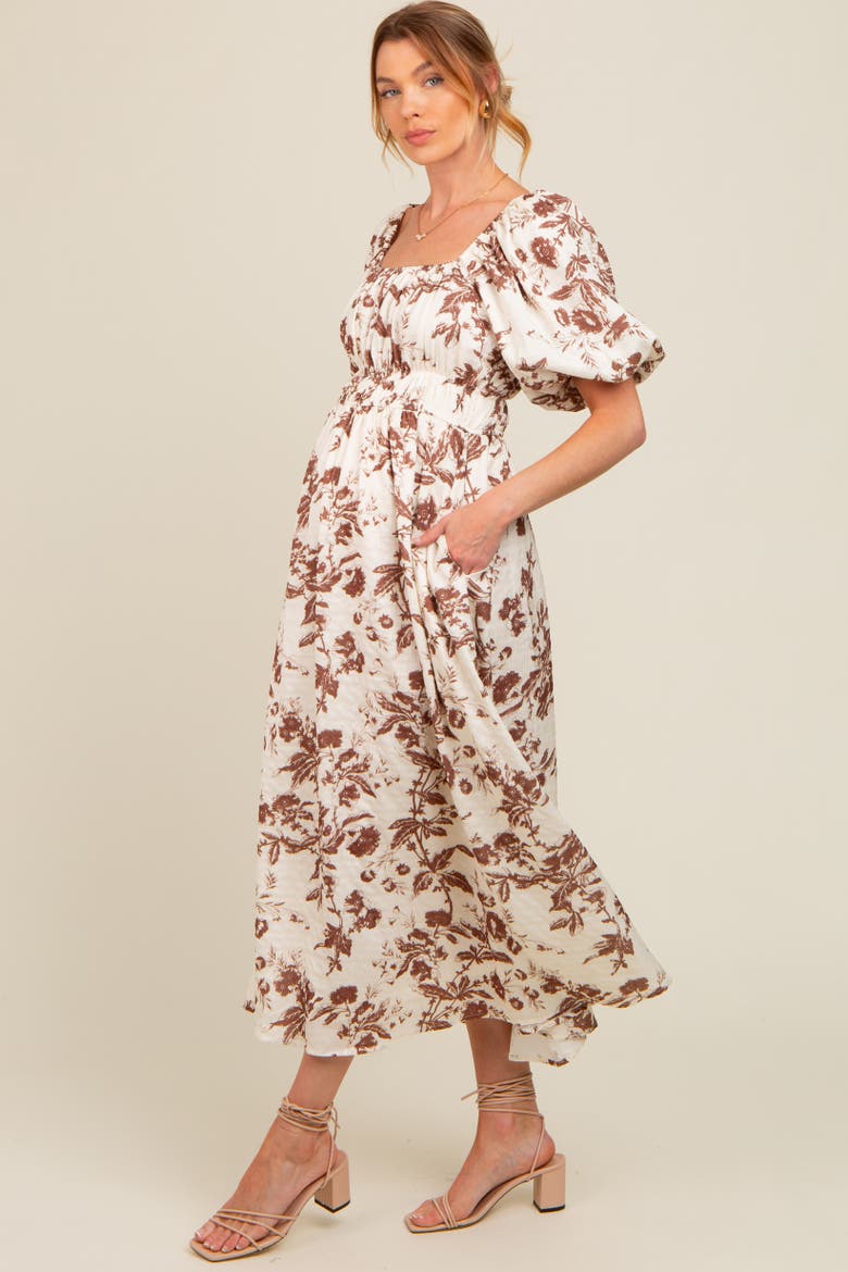 Floral Puff Sleeve Midi Dress, Alternate, color, Brown