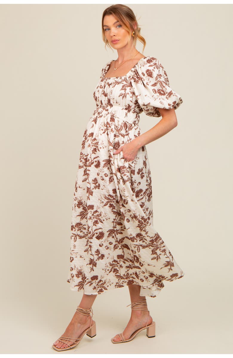 PinkBlush Floral Puff Sleeve Midi Dress, Alternate, color, Brown