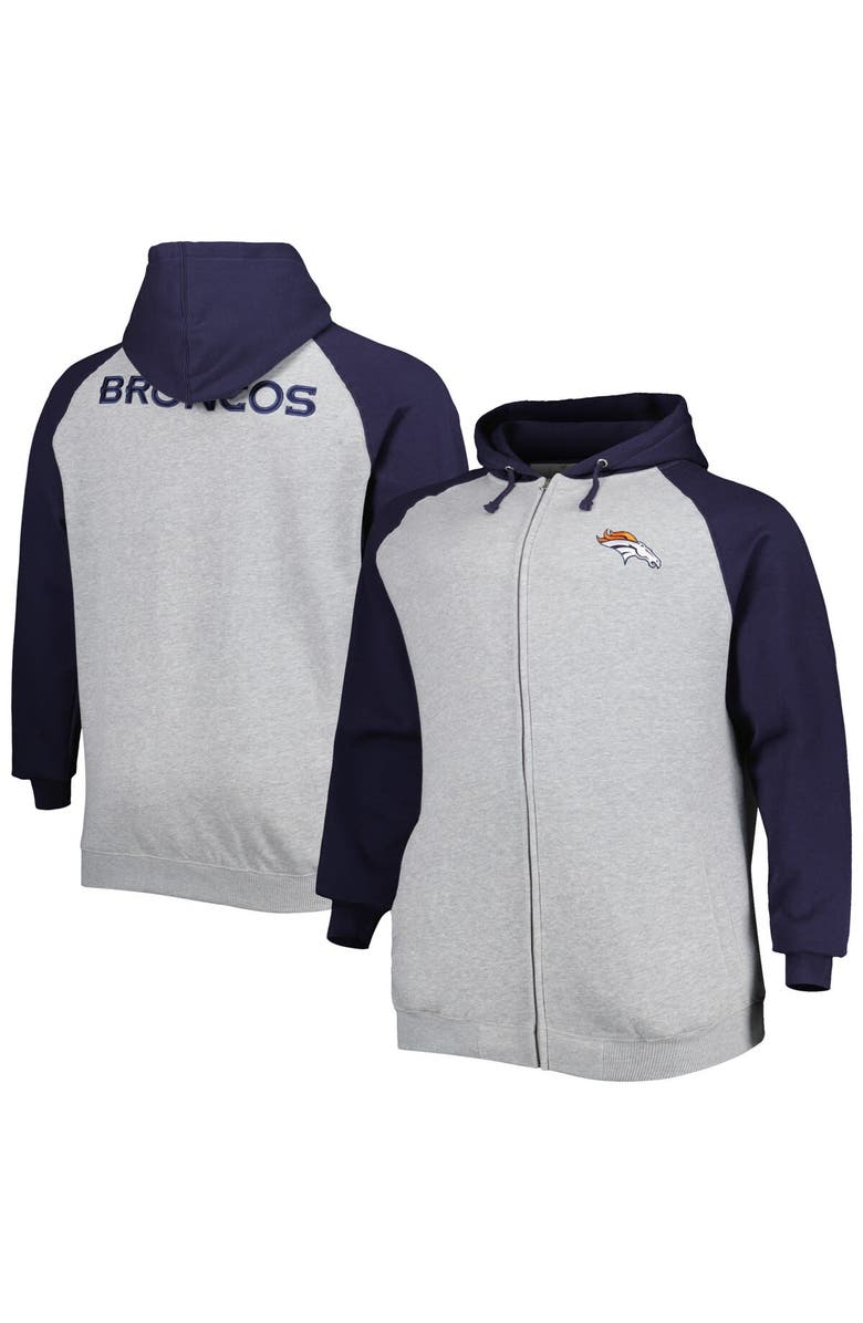 PROFILE Men's Heather Gray Denver Broncos Big & Tall Fleece Raglan Full-Zip Hoodie Jacket, Main, color, Heather Gray