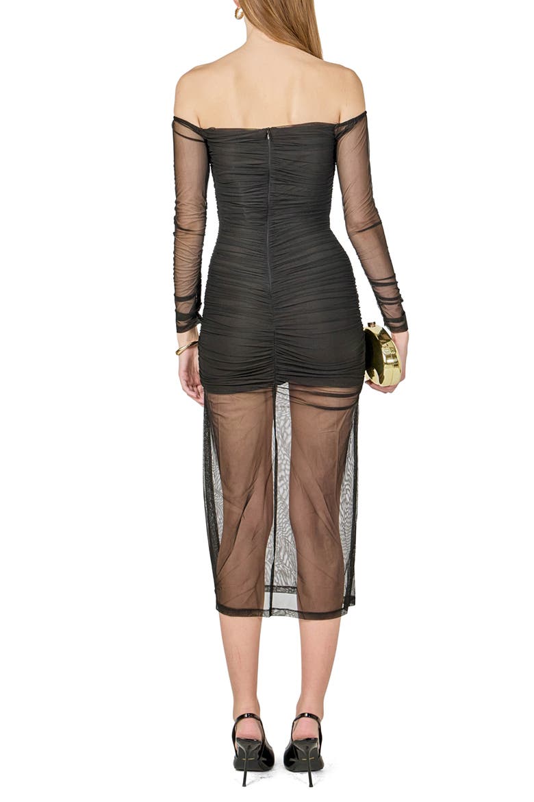 Long Sleeve Off the Shoulder Mesh Midi Body-Con Dress, Alternate, color, BLACK