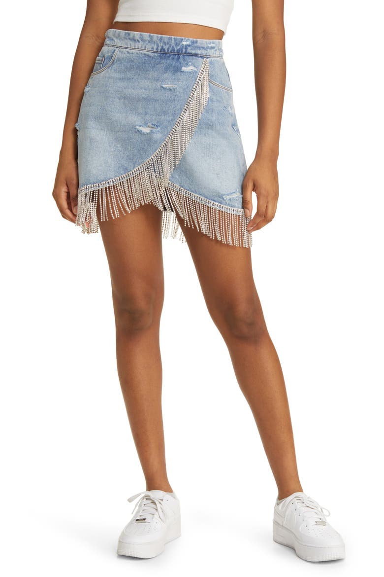 Rhinestone Fringe Denim Miniskirt, Main, color, HEART AND SOUL
