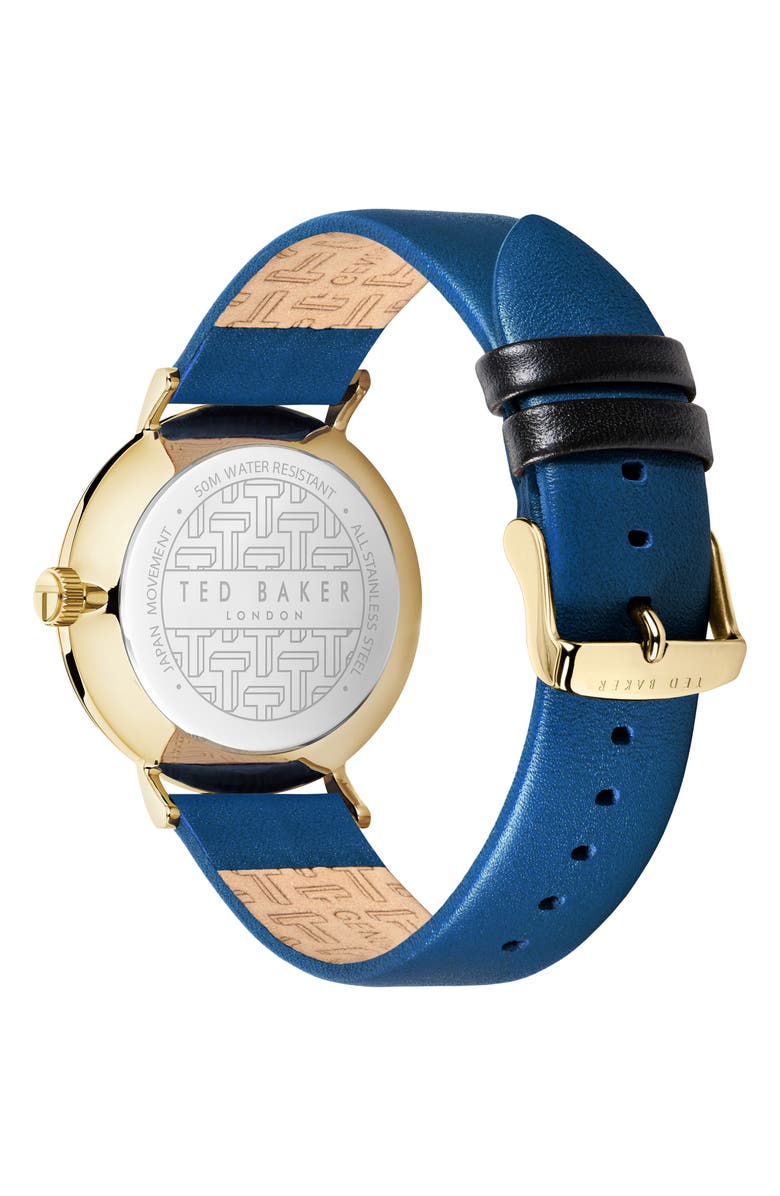 Ted Baker Phylipa Gents Leather Strap Watch, 41mm, Alternate, color, Gold/ White/ Blue