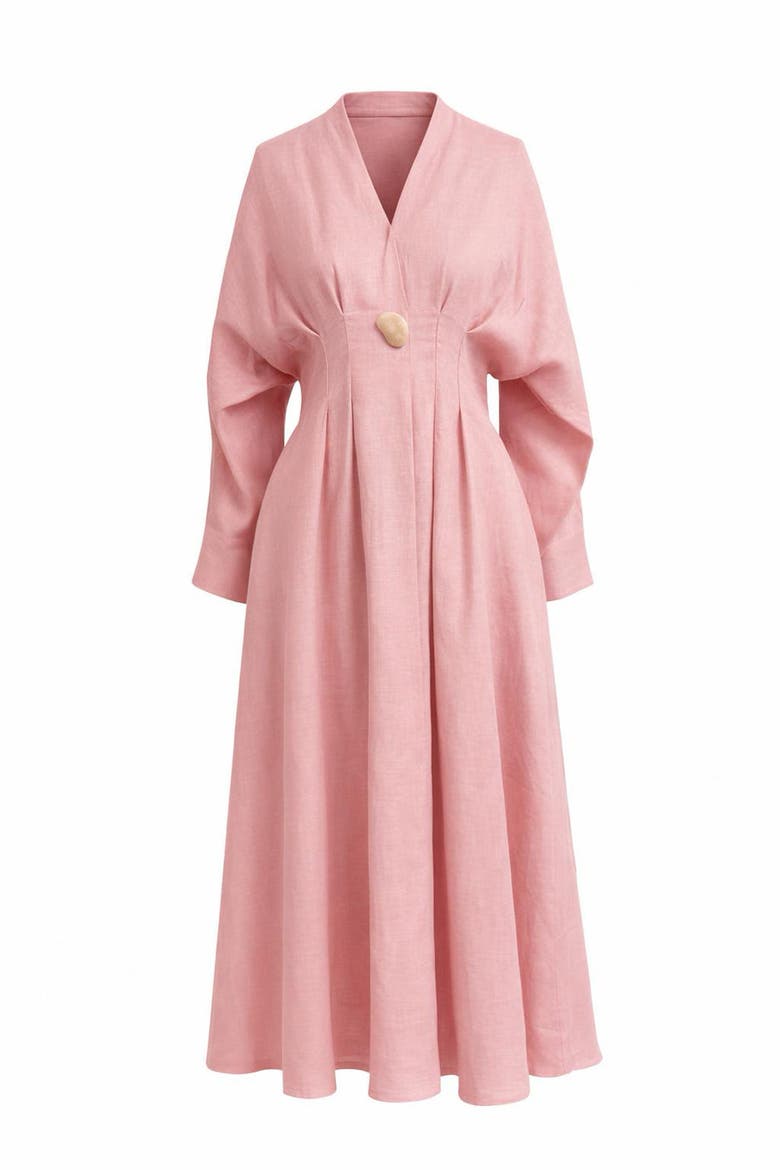 Garlyn Slim V Neck Long Sleeve Linen Midi Dress, Alternate, color, Pink