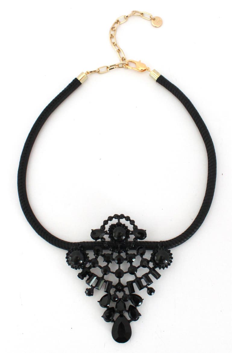 Leather & Crystal Statement Necklace, Main, color, BLACK