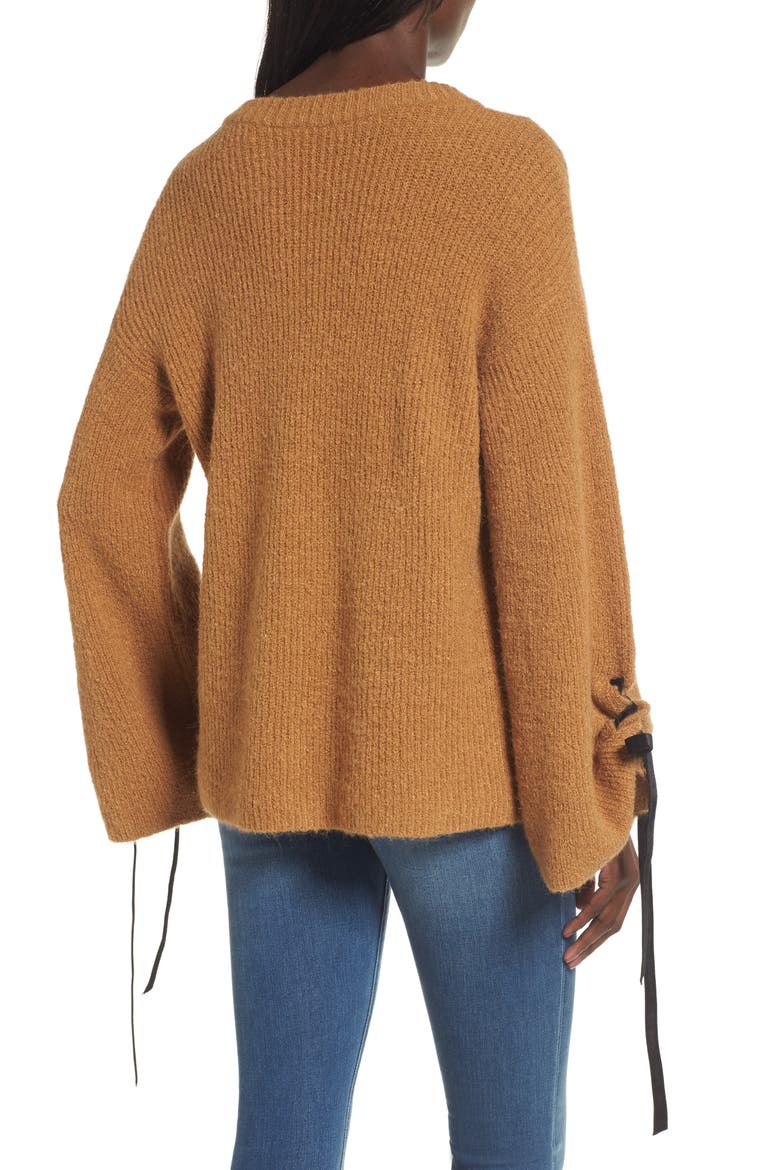 Lace-Up Sleeve Sweater, Alternate, color, BROWN CATTAIL