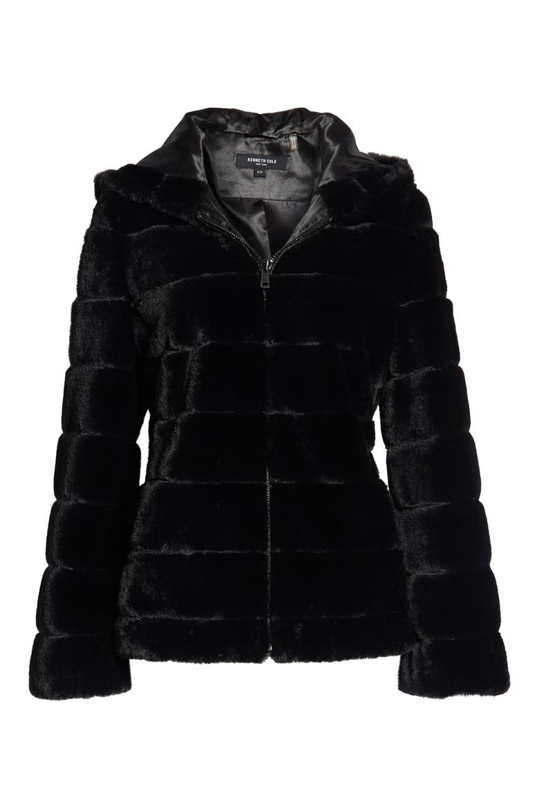 Hooded Faux Fur Jacket, Alternate, color, BLACK