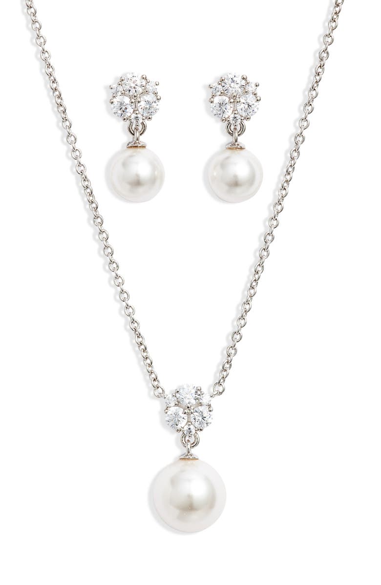 Nadri Camila Cubic Zirconia and Imitation Pearl Necklace & Earrings Set, Main, color, Rhodium