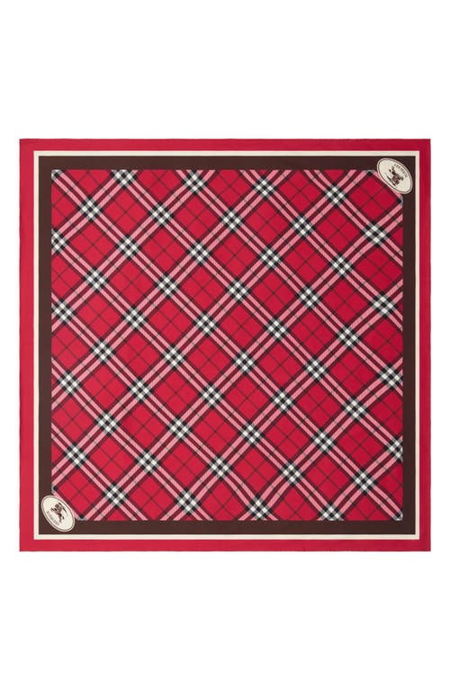 Burberry Medium Check Ekd Stamp Square Silk Twill Scarf In Red