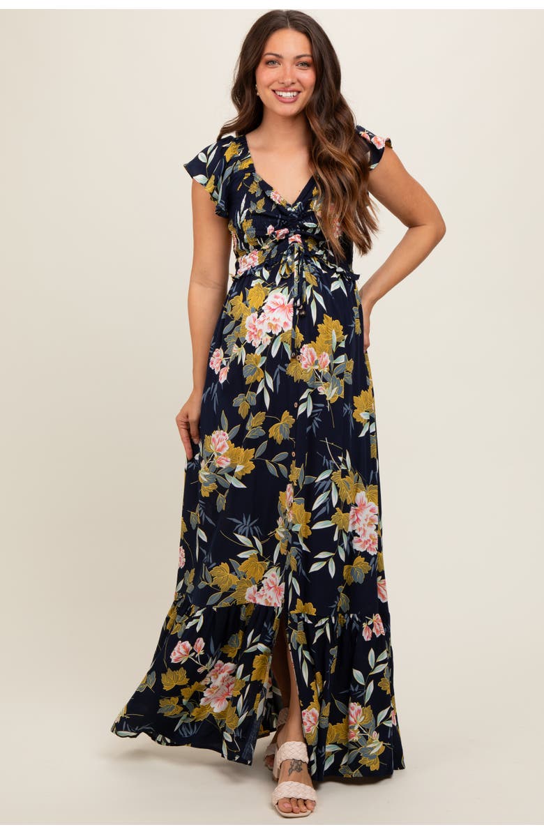 PinkBlush Floral Smocked Cinched Top Maxi Dress, Main, color, Navy Blue