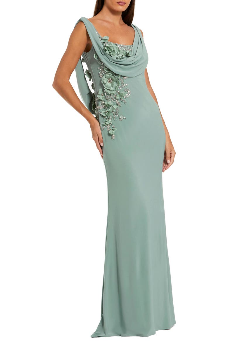 Mac Duggal Women's Sleeveless Jersey Cowl Neck Gown With Beading, Main, color, Sage