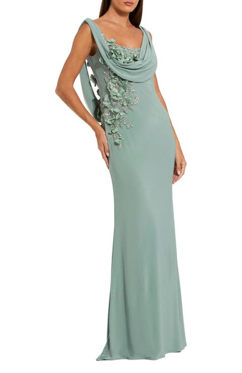 Women's Sleeveless Jersey Cowl Neck Gown With Beading