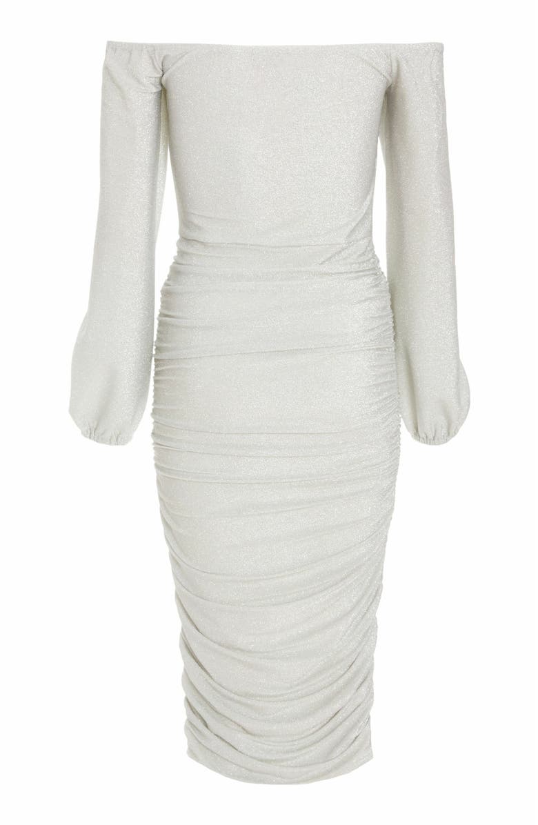 QUIZ Stretch Shimmer Cowl Bardot Midi Dress, Alternate, color,