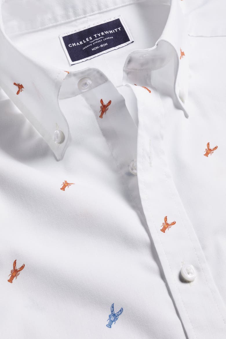 Slim Fit Multi Button-Down Collar Non-Iron Lobster Print Short Sleeve Shirt, Alternate, color, Orange