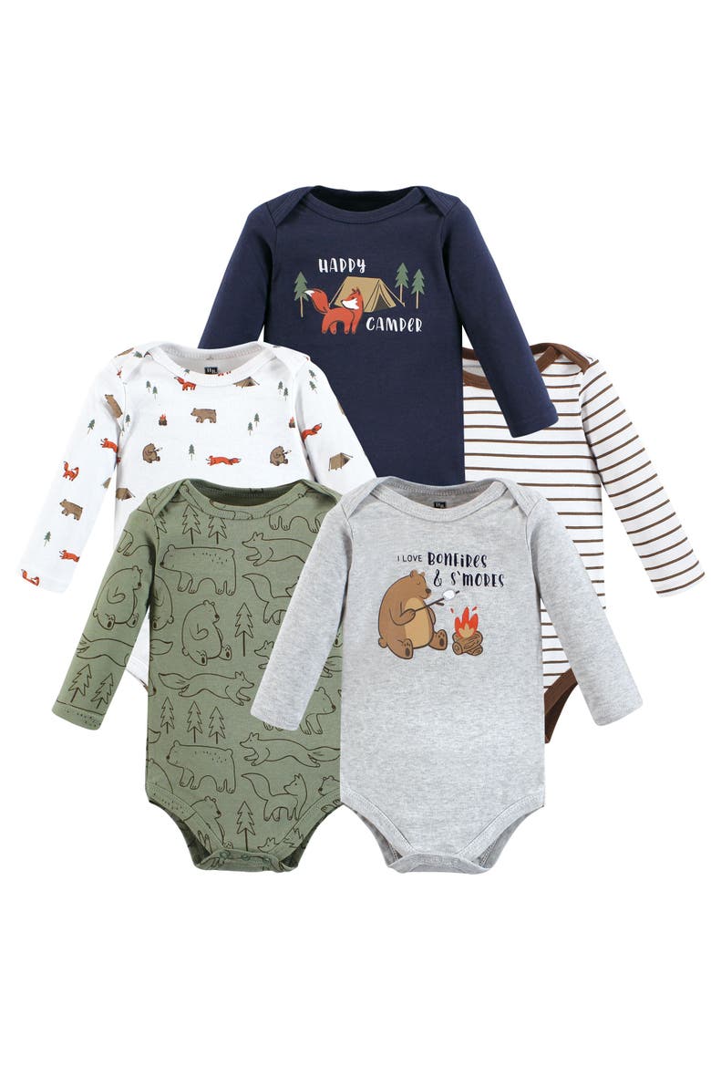 Everyday Long-Sleeve Cotton Babysuits Bundle of 5, Main, color, Camping Animals