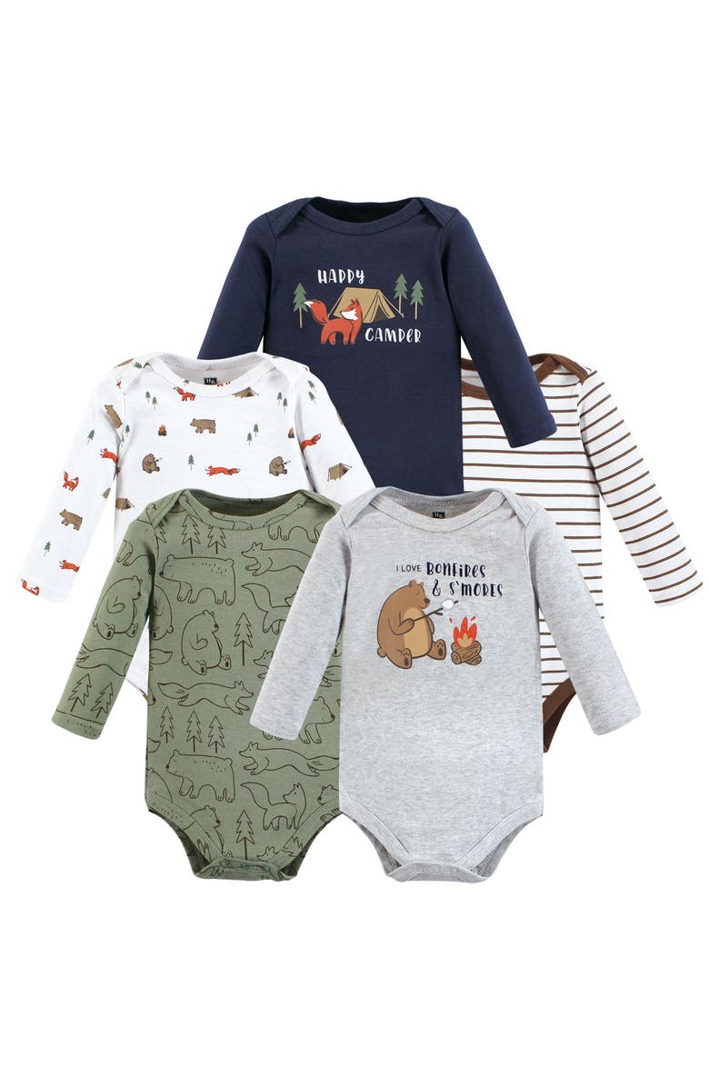 Hudson Baby Everyday Long-Sleeve Cotton Babysuits Bundle of 5, Main, color, Camping Animals
