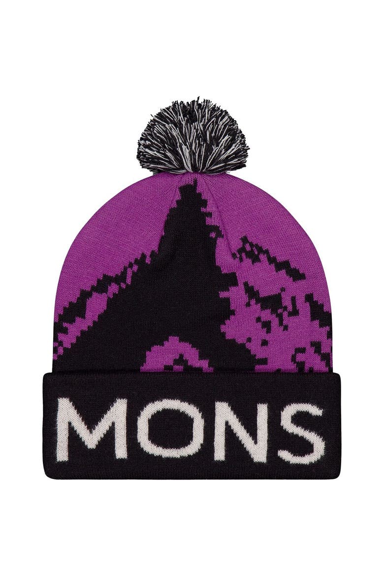 Mtn Pixel Merino Pom Pom Beanie, Main, color, Purple Bolt/Black