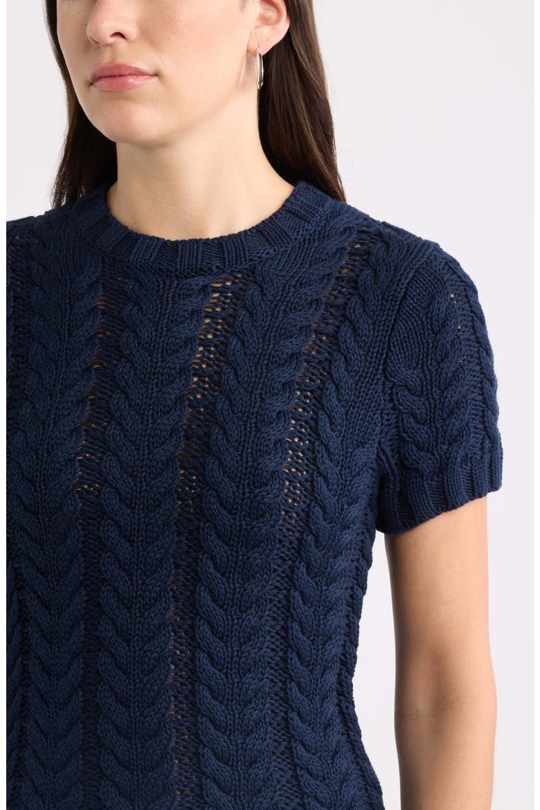 Cable Stitch Short Sleeve Cotton Sweater, Alternate, color, NAVY STILL