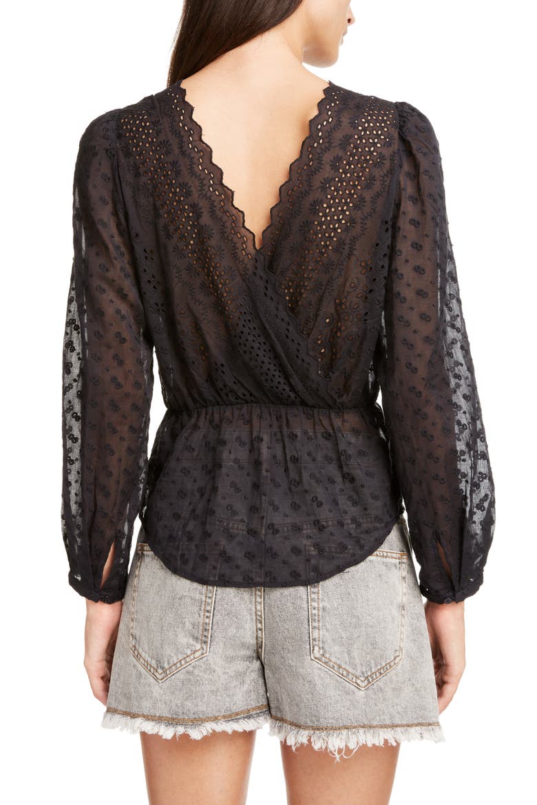 Taziae Reversible Embroidered Cotton Peplum Blouse, Alternate, color, BLACK