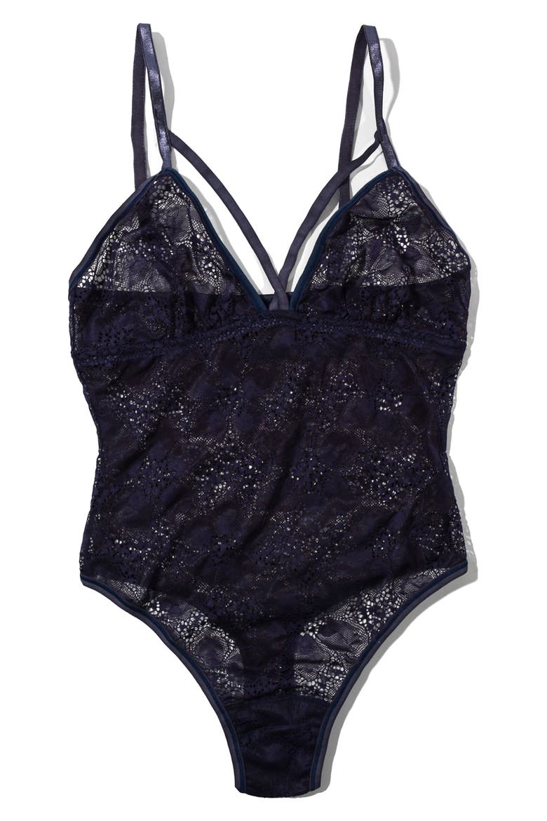 Tropical Storm Strappy Signature Lace Thong Bodysuit, Alternate, color, SUMMER RAIN