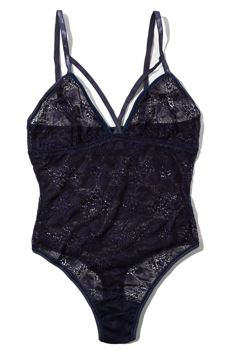 Hanky Panky Tropical Storm Strappy Signature Lace Thong Bodysuit, Alternate, color, Summer Rain