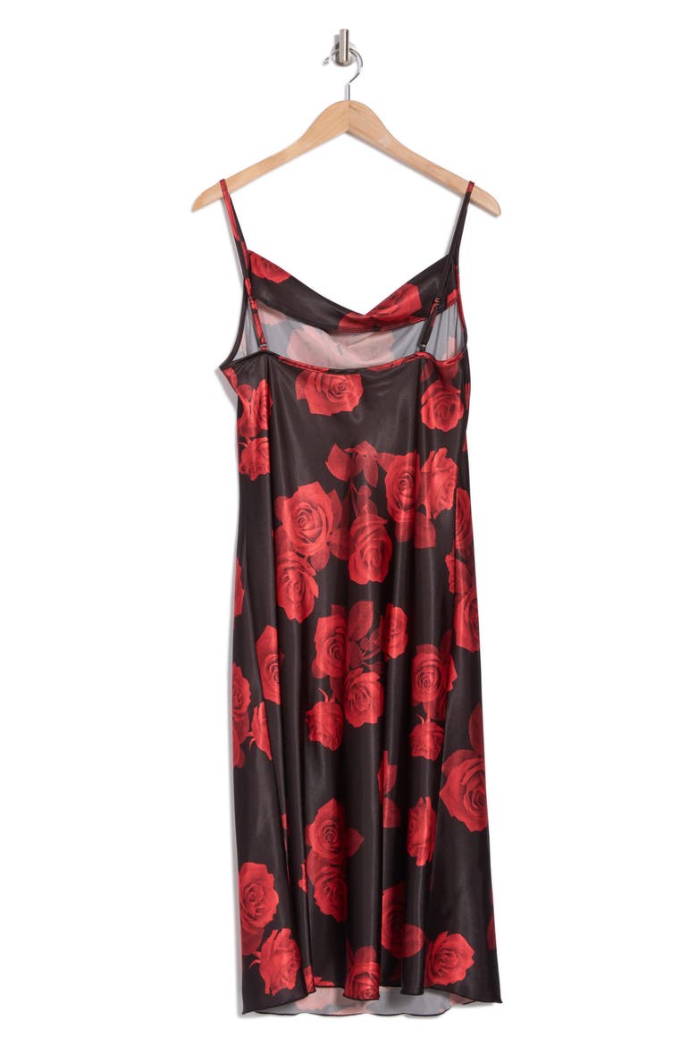 Printed Satin Bias Midi Dress, Alternate, color, BLACK ROSE