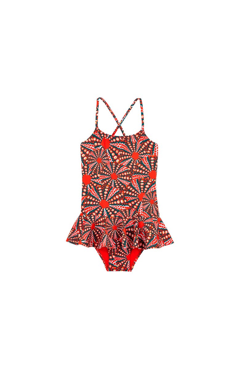 Vilebrequin Kids' Oursinades Jersey Skirted One-Piece Swimsuit, Main, color, Coquelicot