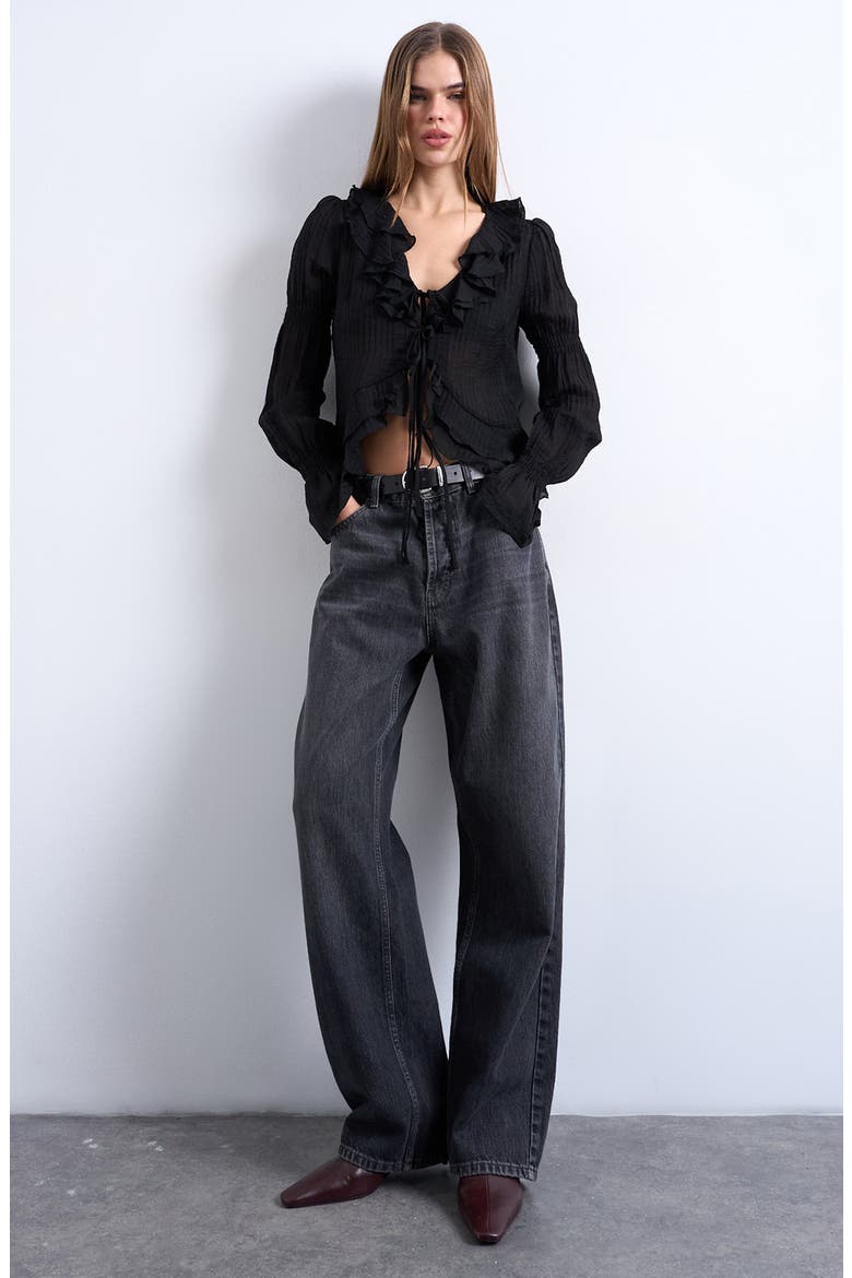 Ruffle Tie Front Long Sleeve Crop Top, Alternate, color, BLACK