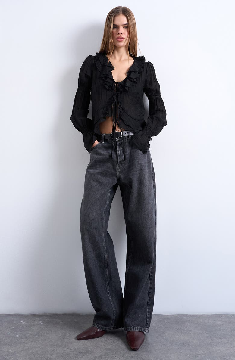 Topshop Ruffle Tie Front Long Sleeve Crop Top, Alternate, color, Black