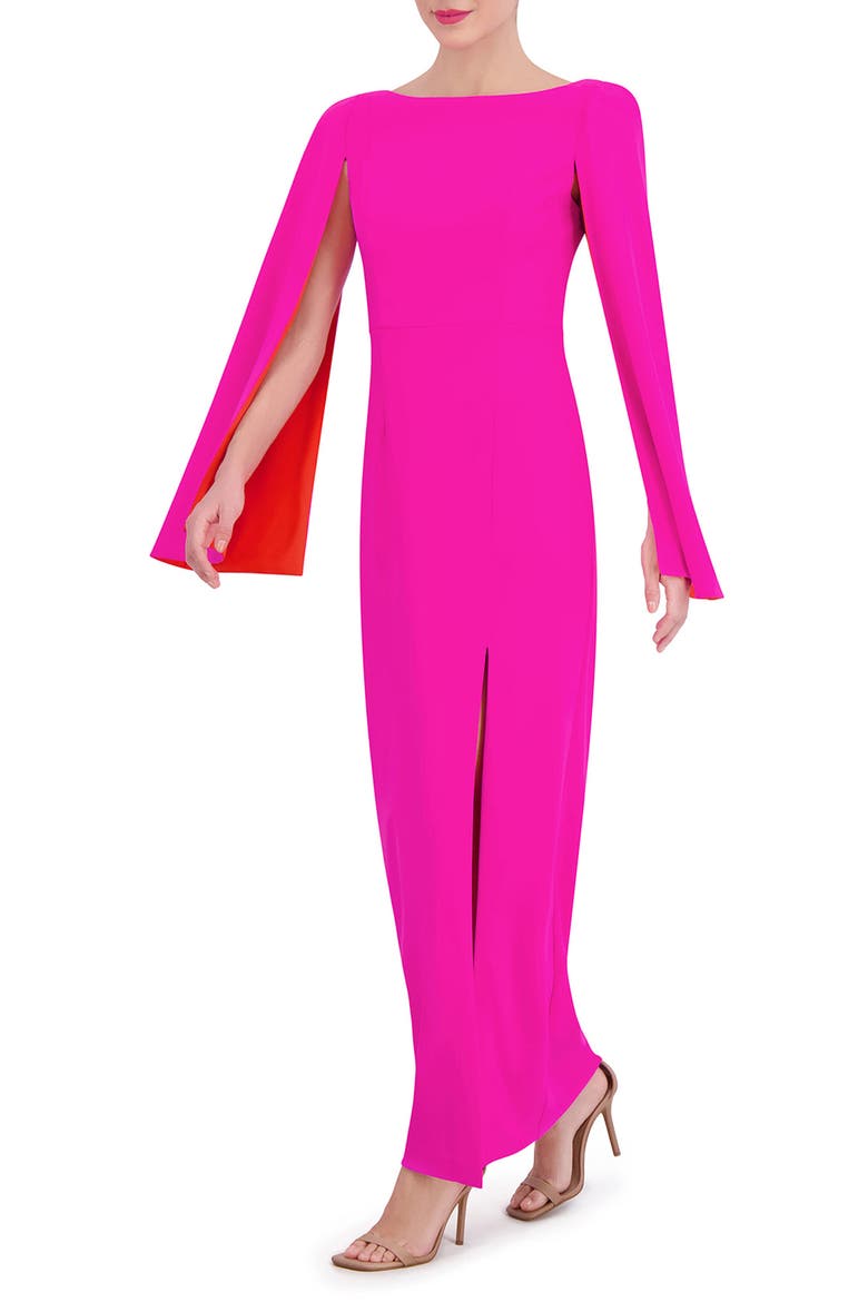 Long Sleeve Capelet Scuba Crepe Dress, Alternate, color, FUCHSIA
