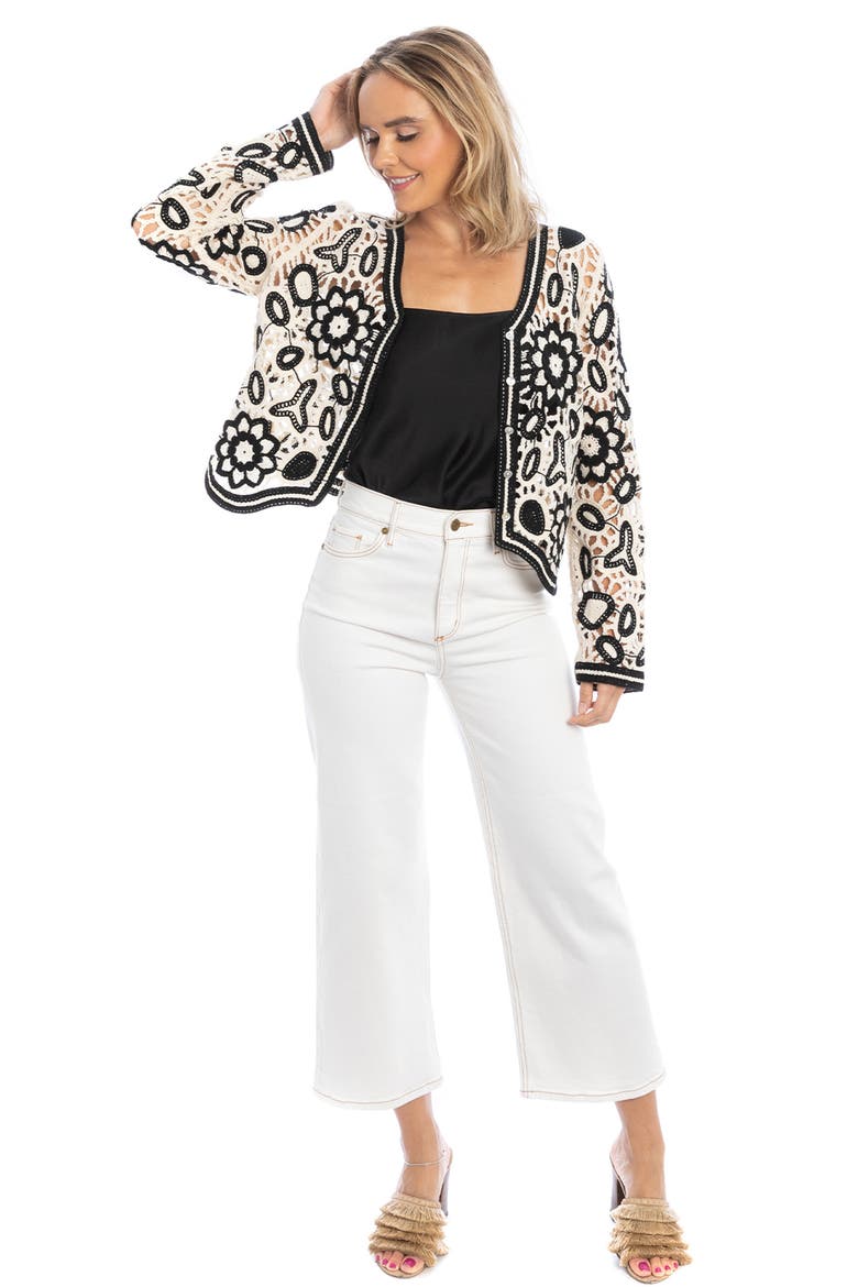 Floral Crocheted Bolero Cardigan, Alternate, color, BLACK