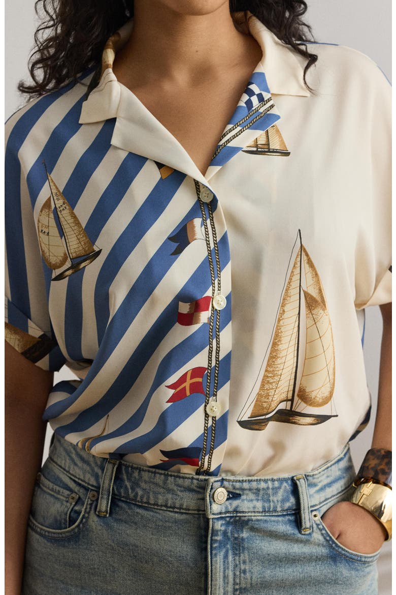 Stripe Sailboat Print Crêpe de Chine Camp Shirt, Alternate, color, CREAM/ MULTI