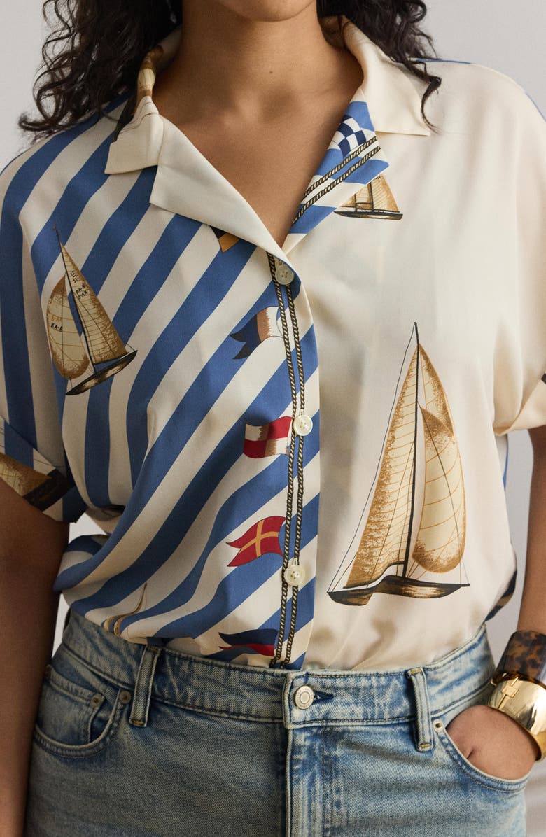 Lauren Ralph Lauren Stripe Sailboat Print Crêpe de Chine Camp Shirt, Alternate, color, Cream/ Multi
