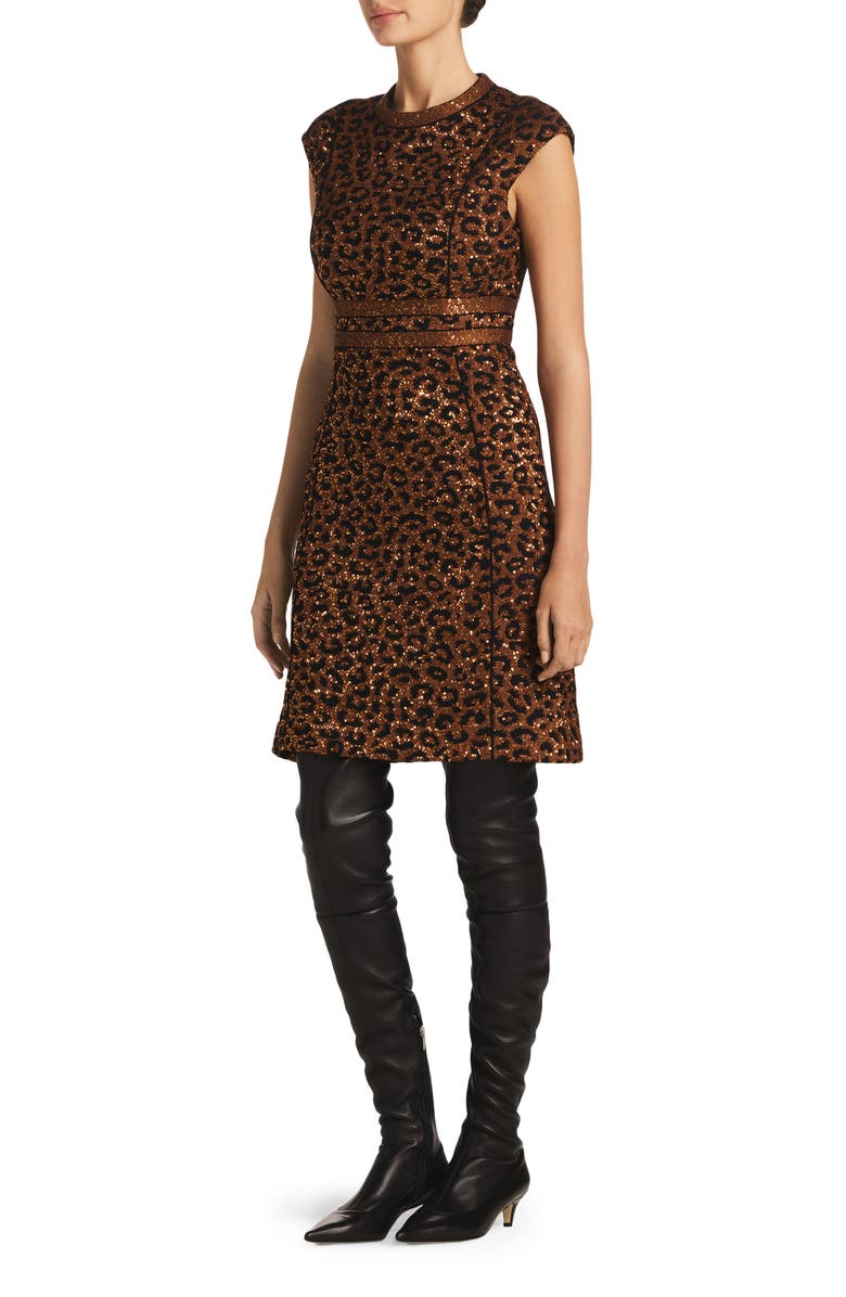 ST. JOHN Sequin Leopard Jacquard Cap Sleeve Dress, Alternate, color, Caramel/ Copper Multi