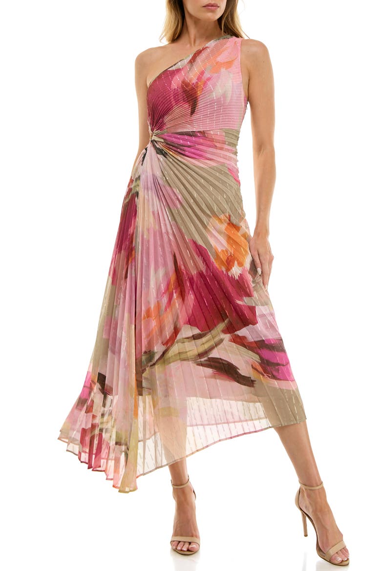Floral Metallic Stripe One-Shoulder Pleated Dress, Main, color, SAGE/ PINK