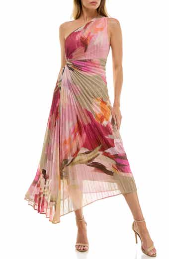 Socialite Floral Metallic Stripe One-Shoulder Pleated Dress