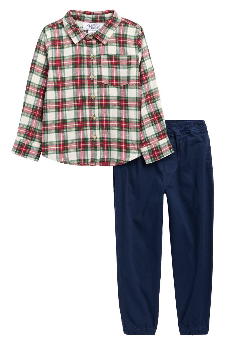 Original Penguin Kids' Flannel Button-Up Shirt & Joggers Set, Main, color, Dress Blue