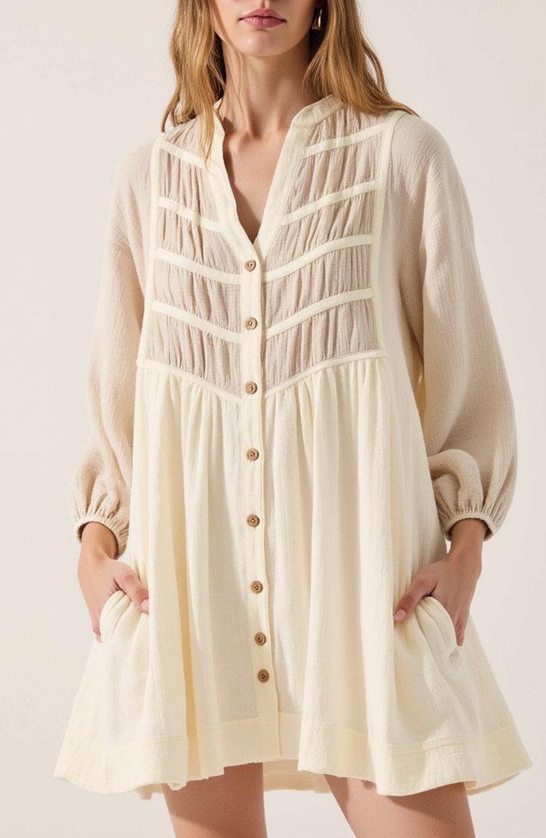 Modenaire Textured Cotton Mini Shirt Dress, Alternate, color, Light Beige