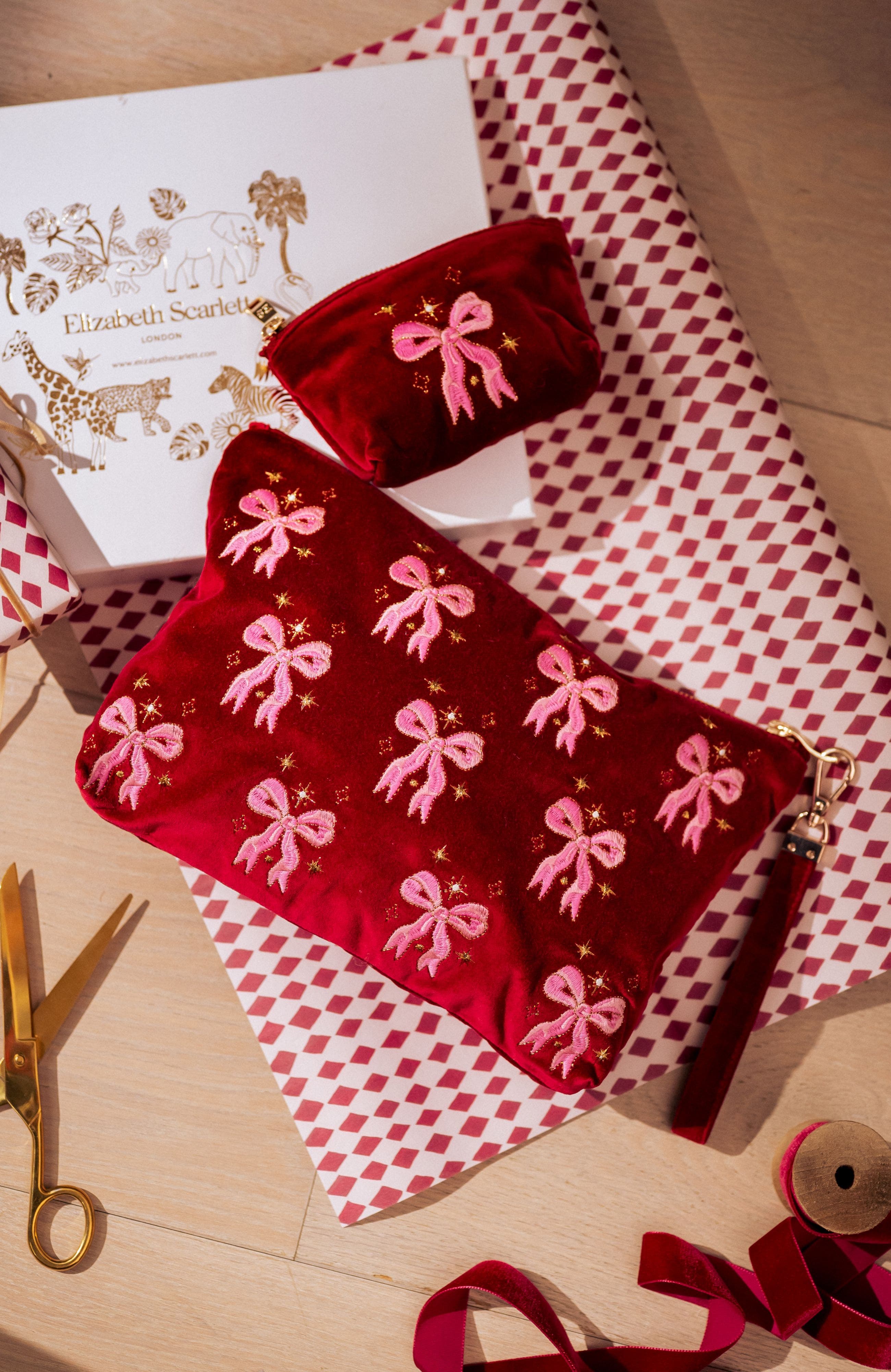 Elizabeth Scarlett Dazzling Bows Velvet Everyday Pouch, Alternate, color, Rouge