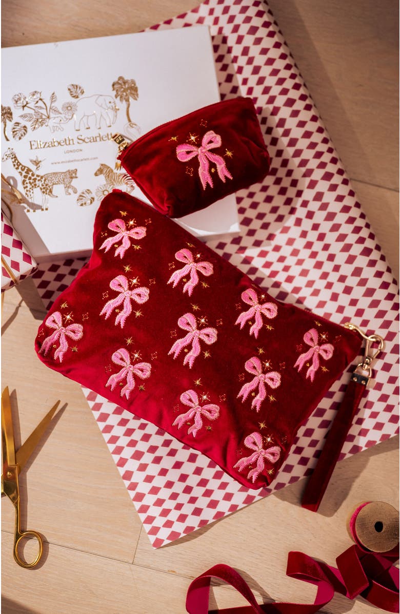Elizabeth Scarlett Dazzling Bows Velvet Everyday Pouch, Alternate, color, Rouge