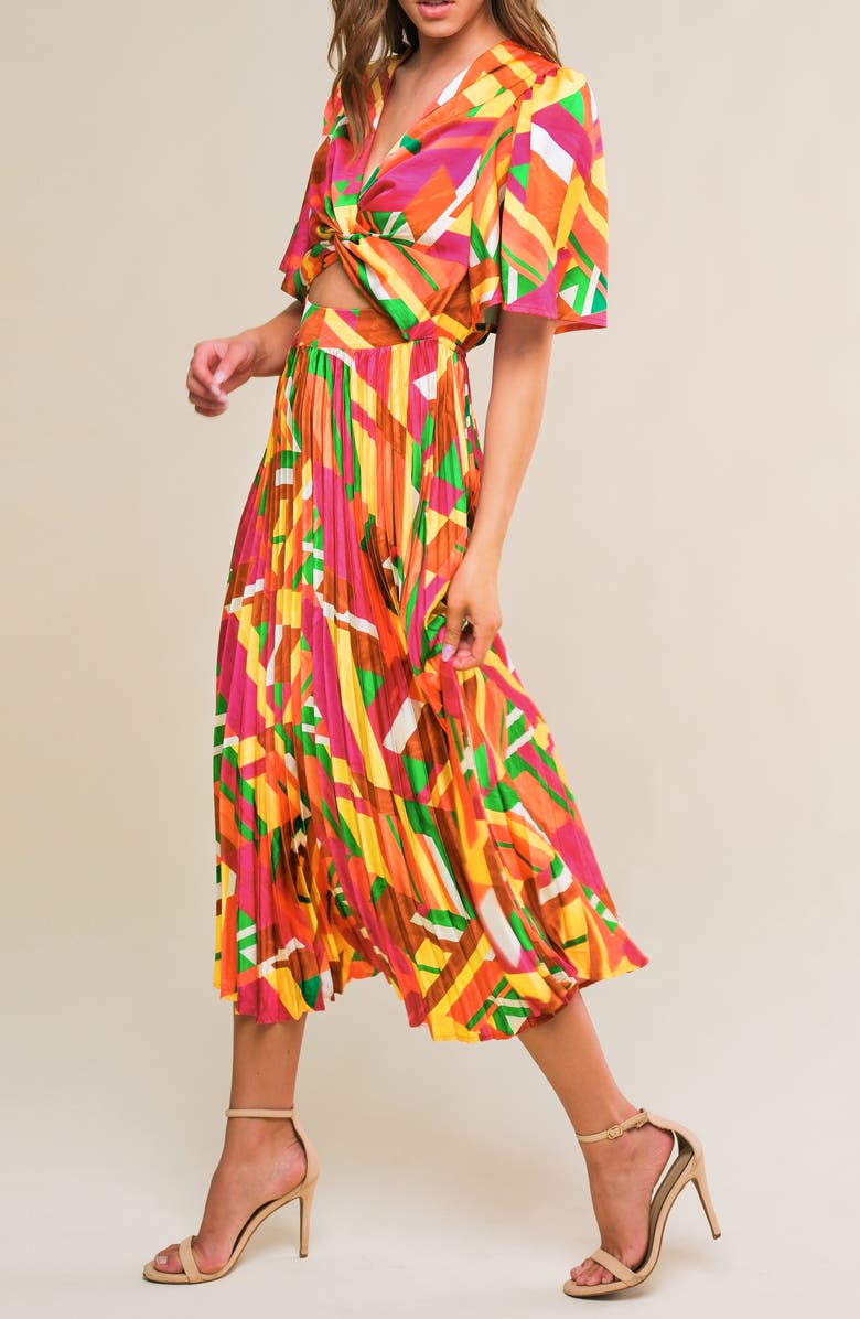 FLYING TOMATO Print Midi Dress, Alternate, color, Brown/ Fuchsia/ Green