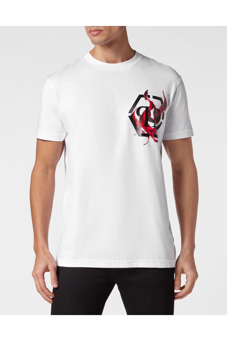 T-Shirt Round Neck Ss Flame Logos Men, Main, color, white