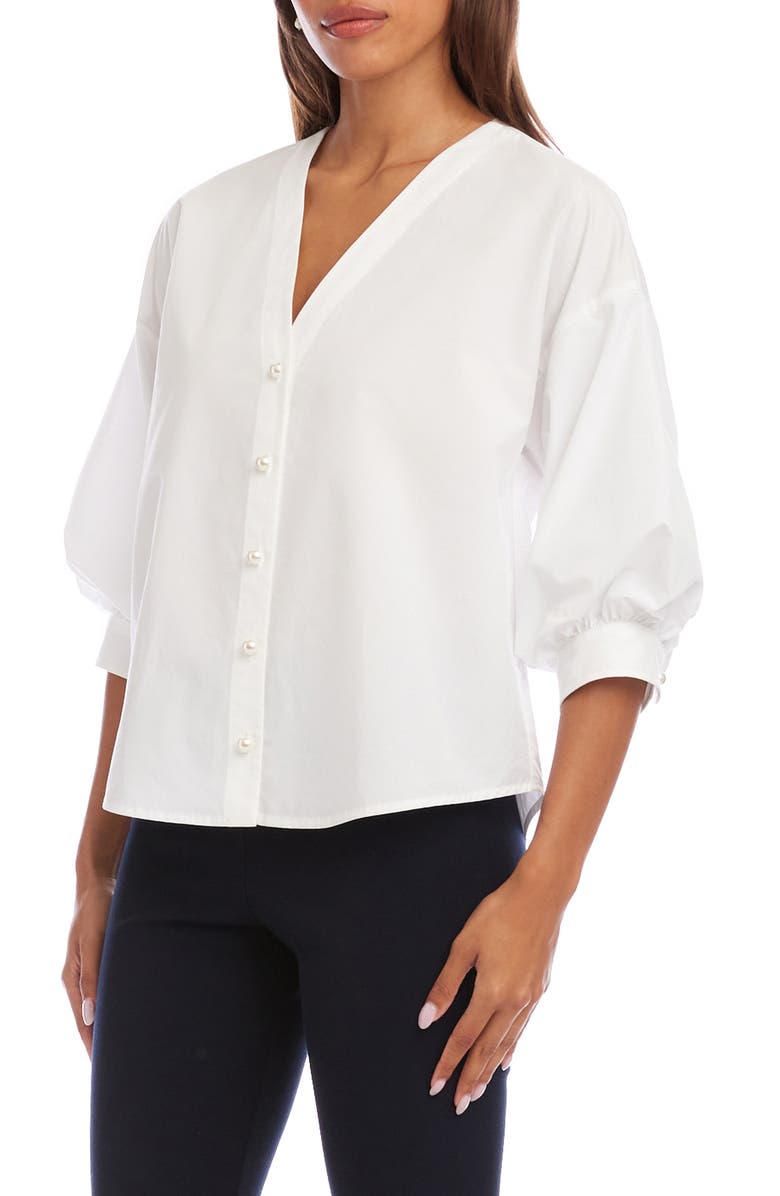 Karen Kane Lantern Sleeve Cotton Button-Up Shirt, Alternate, color, Off White